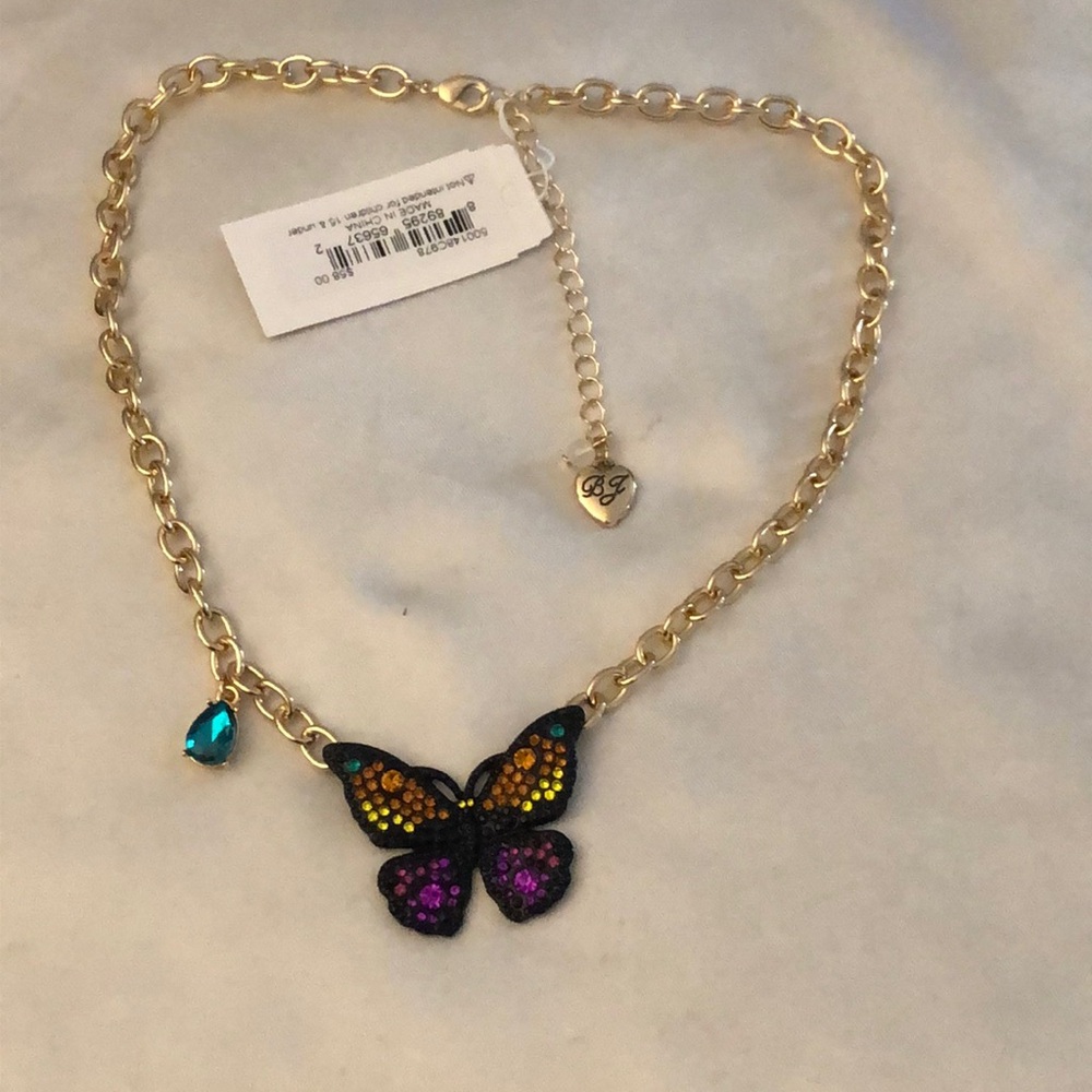 Betsey Johnson Gold Tone Black Butterfly Pendant Necklace Multi Colored Crystal